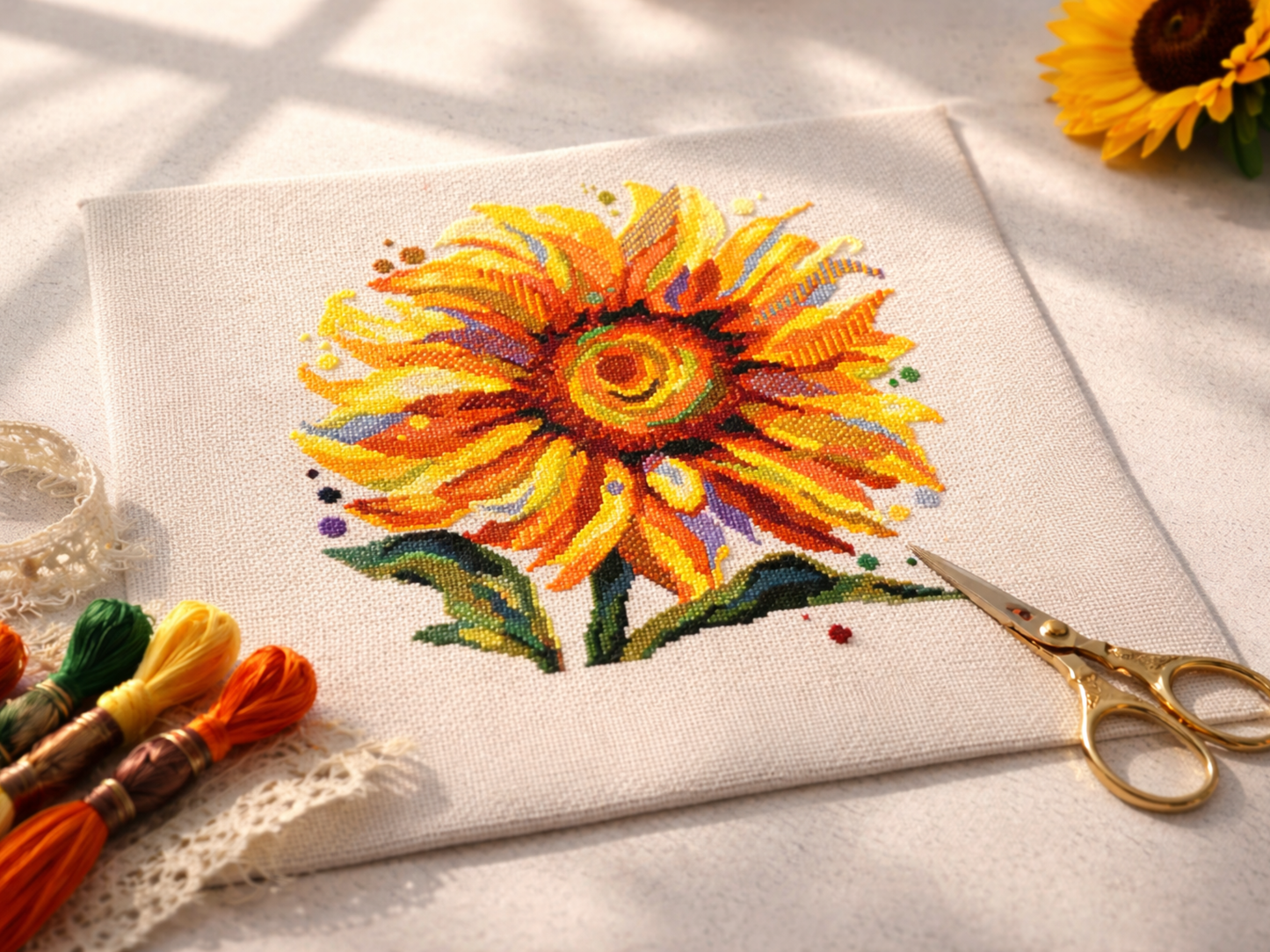 Kreuzstich Vorlage Sonnenblume PDF – Einfaches buntes Stickmuster für Anfänger | Sofortiger Download