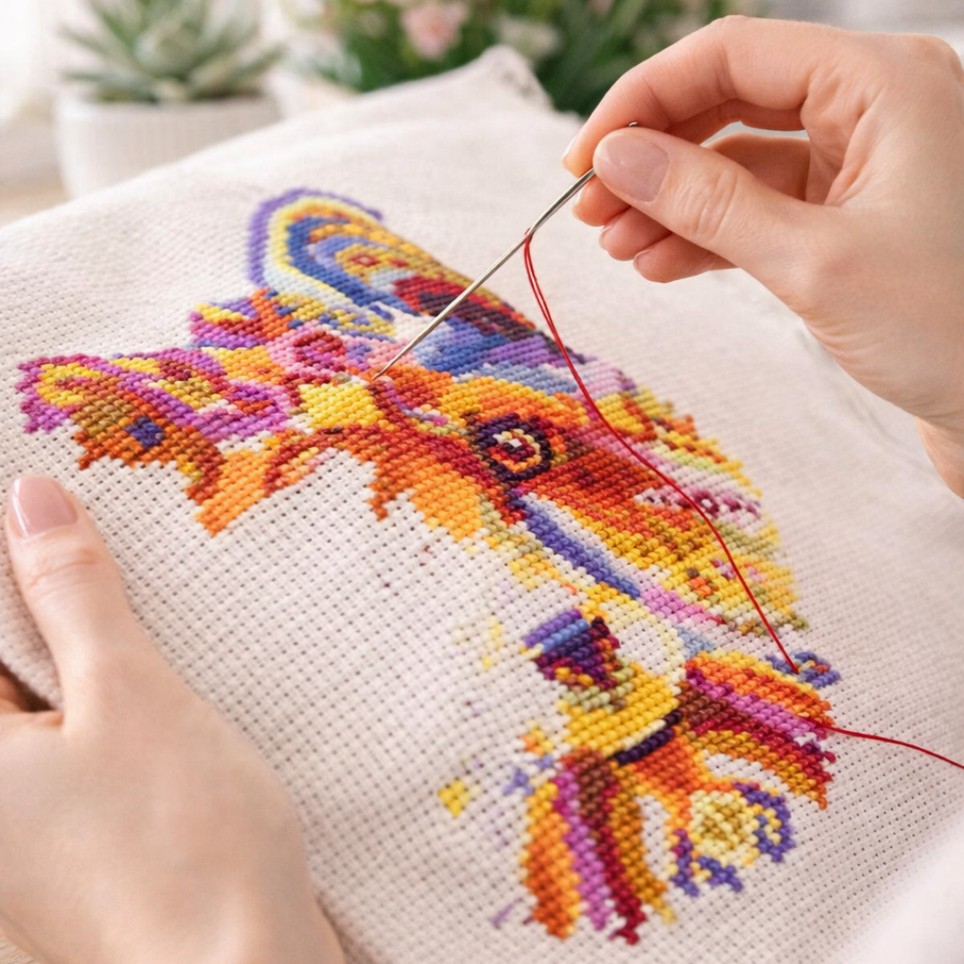 Close-up of hands stitching a colorful fox cross stitch pattern on fabric, detailed embroidery process