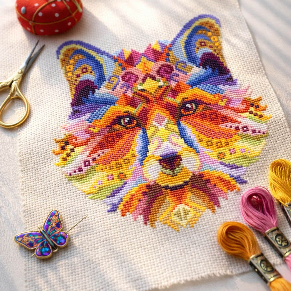 Close up of a Colorful cross-stitched folk fox design on fabric with embroidery tools.