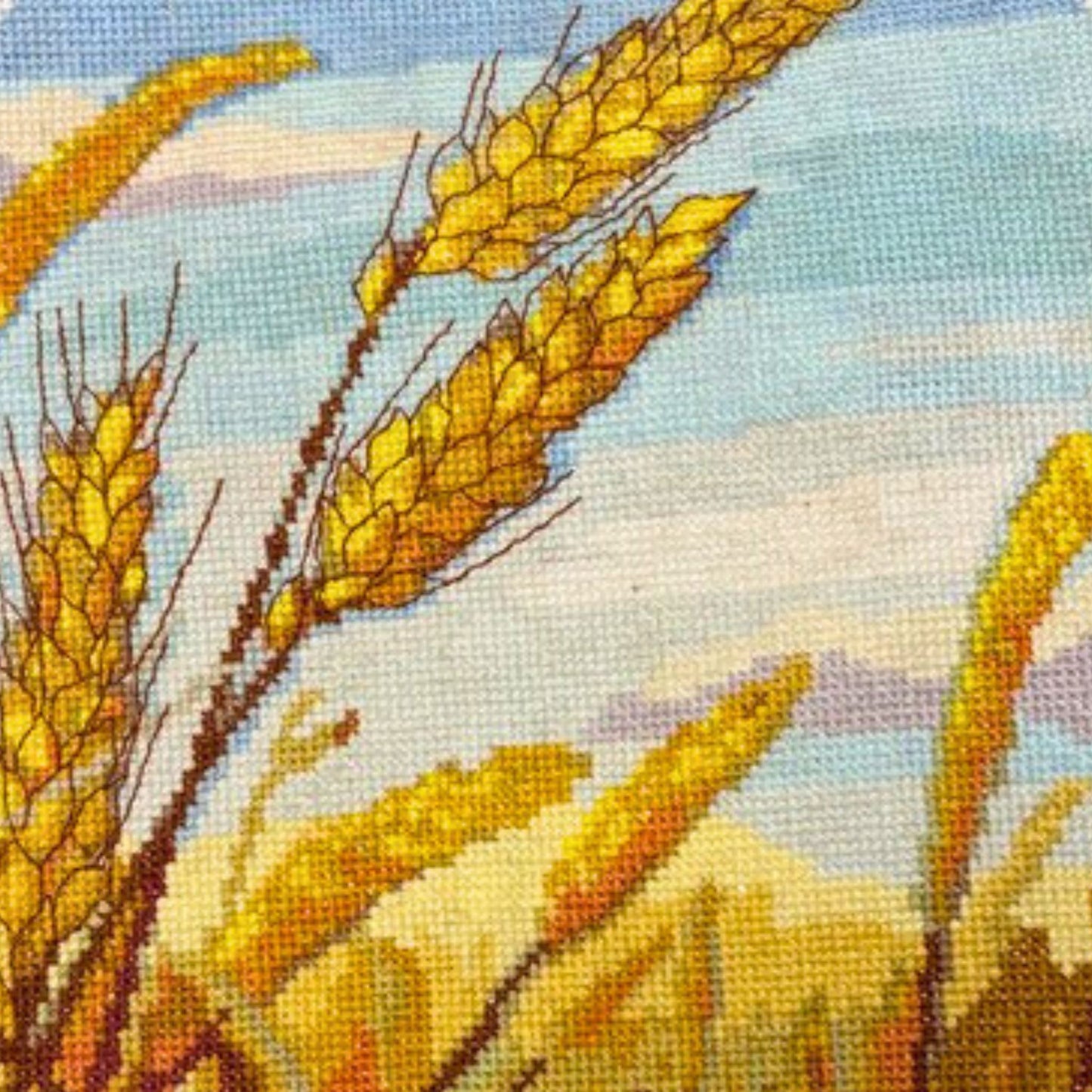 Close up of a Wheat Field Cross Stitch embroidery