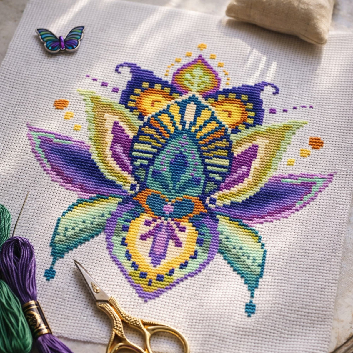 Close up of a colorful lotus cross stitch design layout on Aida fabric and stitch materials around