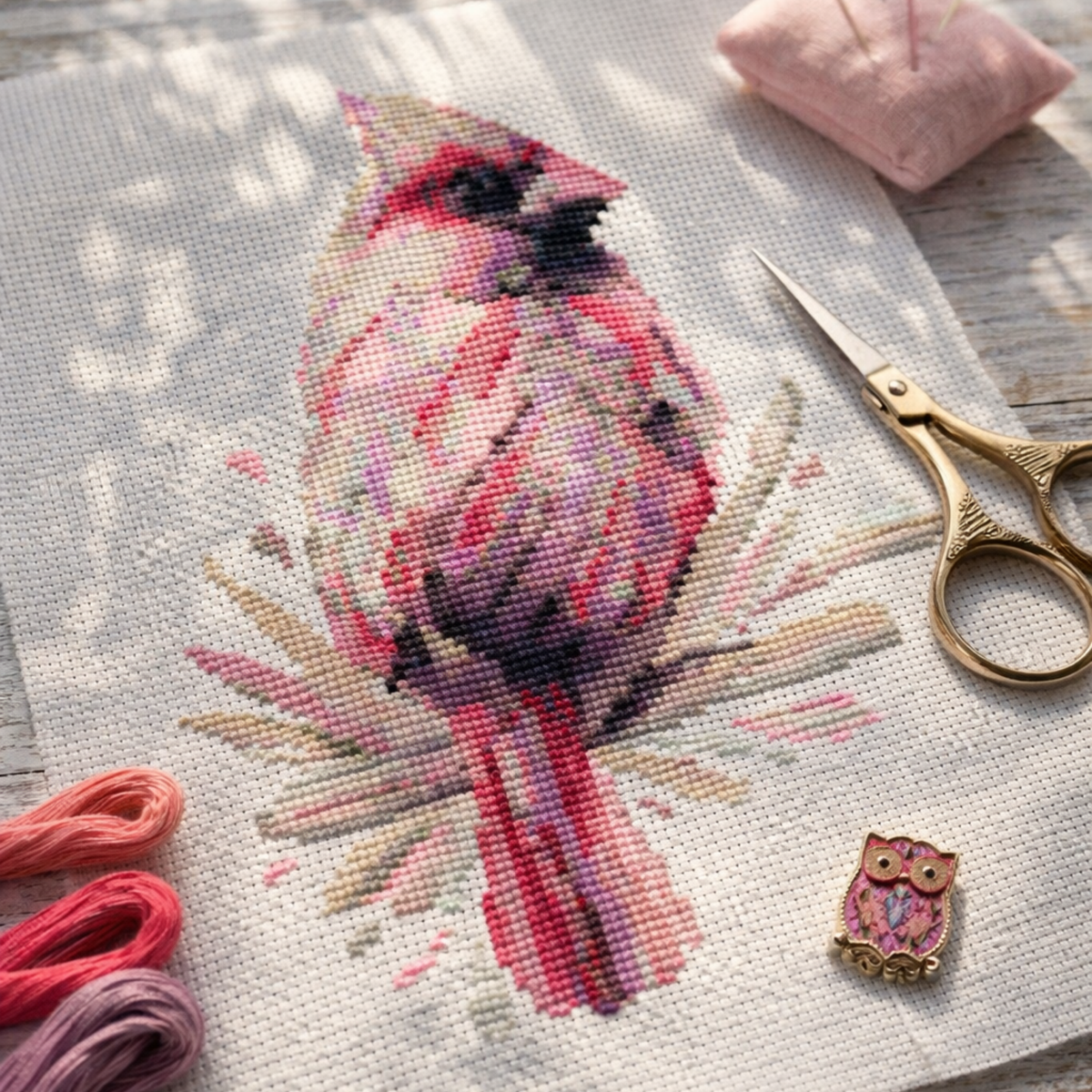 Close up of female cardinal counted cross stitch embroidery on white fabric with threads and scissors, showing detailed pattern chart result.