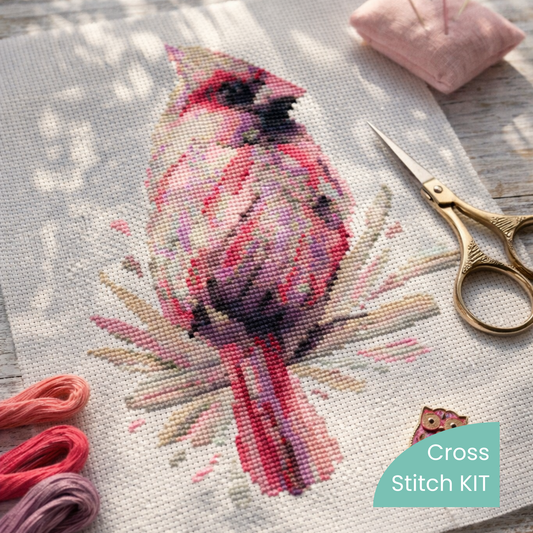 Close up of female cardinal cross stitch kit project with embroidery floss and tools, demonstrating finished stitching created using kit materials.