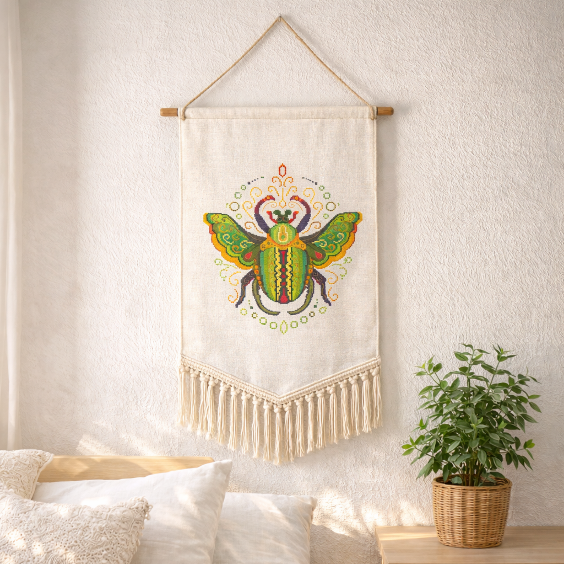 Decorative wall hanging with a colorful Colorado insect stitch design on a white wall.
