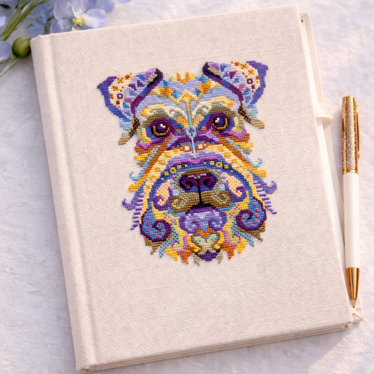 Miniature Schnauzer cross stitch pattern displayed with embroidery floss and scissors, detailed dog embroidery design in vibrant modern style