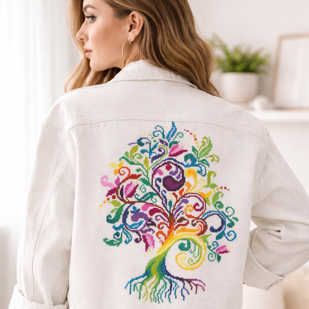 Colorful Tree of Life cross stitch embroidery on white denim jacket, wearable embroidery art floral folk design