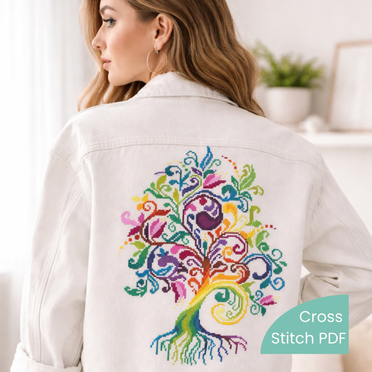 Colorful Tree of Life cross stitch embroidery on white denim jacket, wearable embroidery art floral folk design