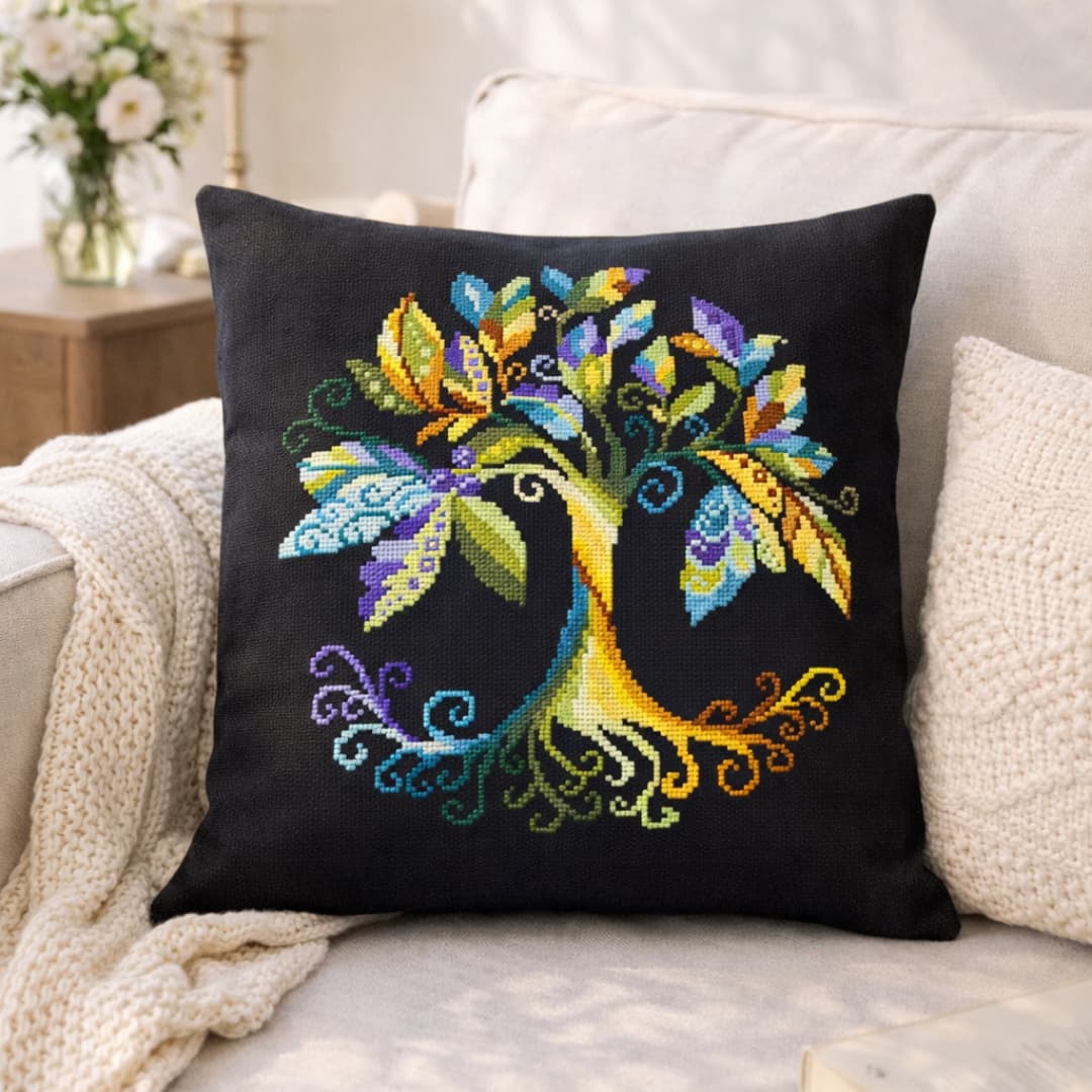 Colorful Tree of Life cross stitch embroidery pillow on black fabric, handmade decorative cushion for modern living room wall art