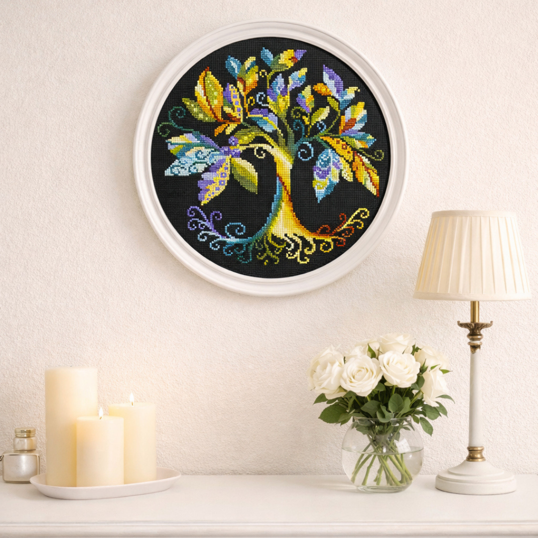 Colorful Tree of Life cross stitch framed wall art with multicolored leaves, modern embroidery home decor, handmade counted cross stitch pattern display