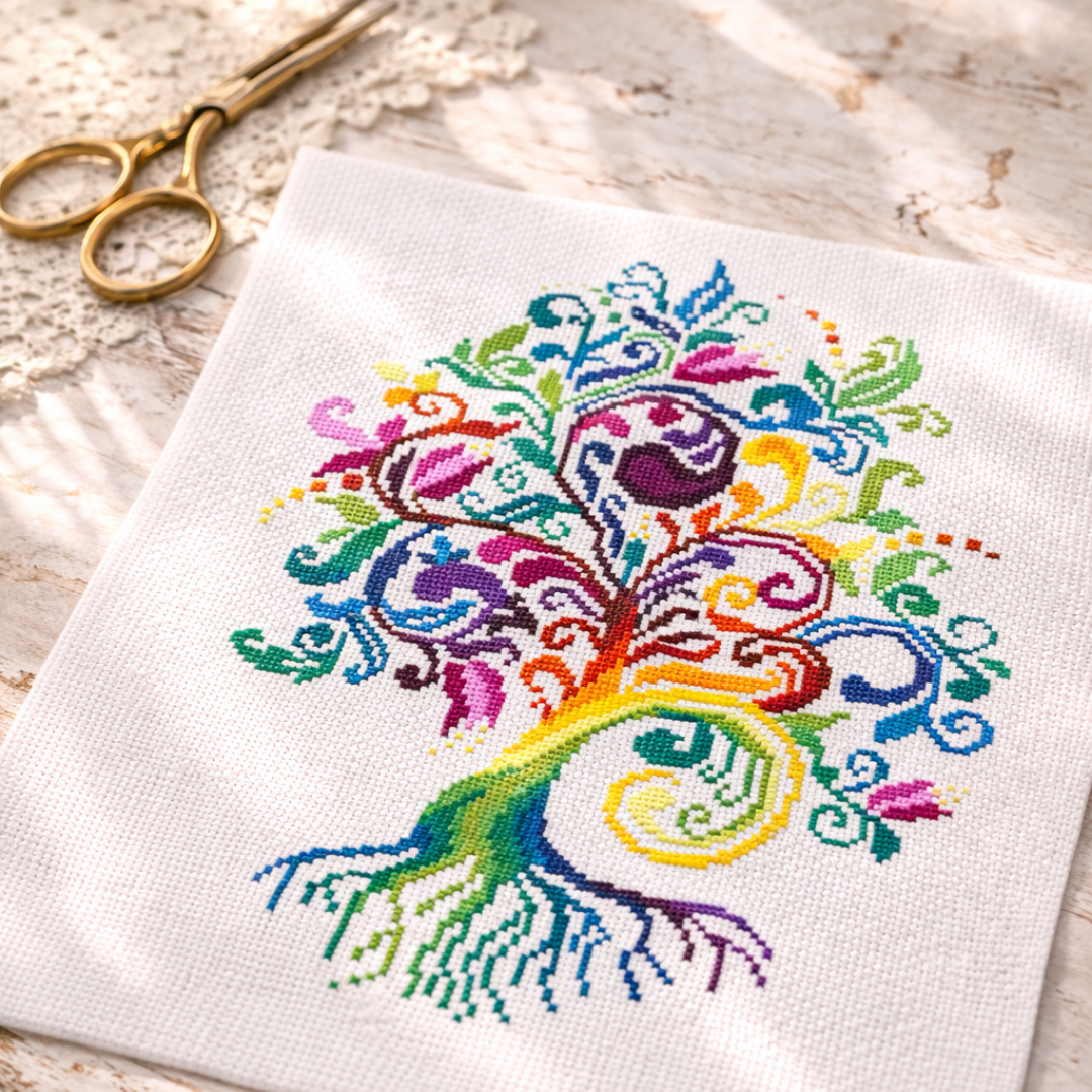 Colorful Tree of Life cross stitch pattern on white Aida fabric with embroidery scissors, modern folk embroidery design