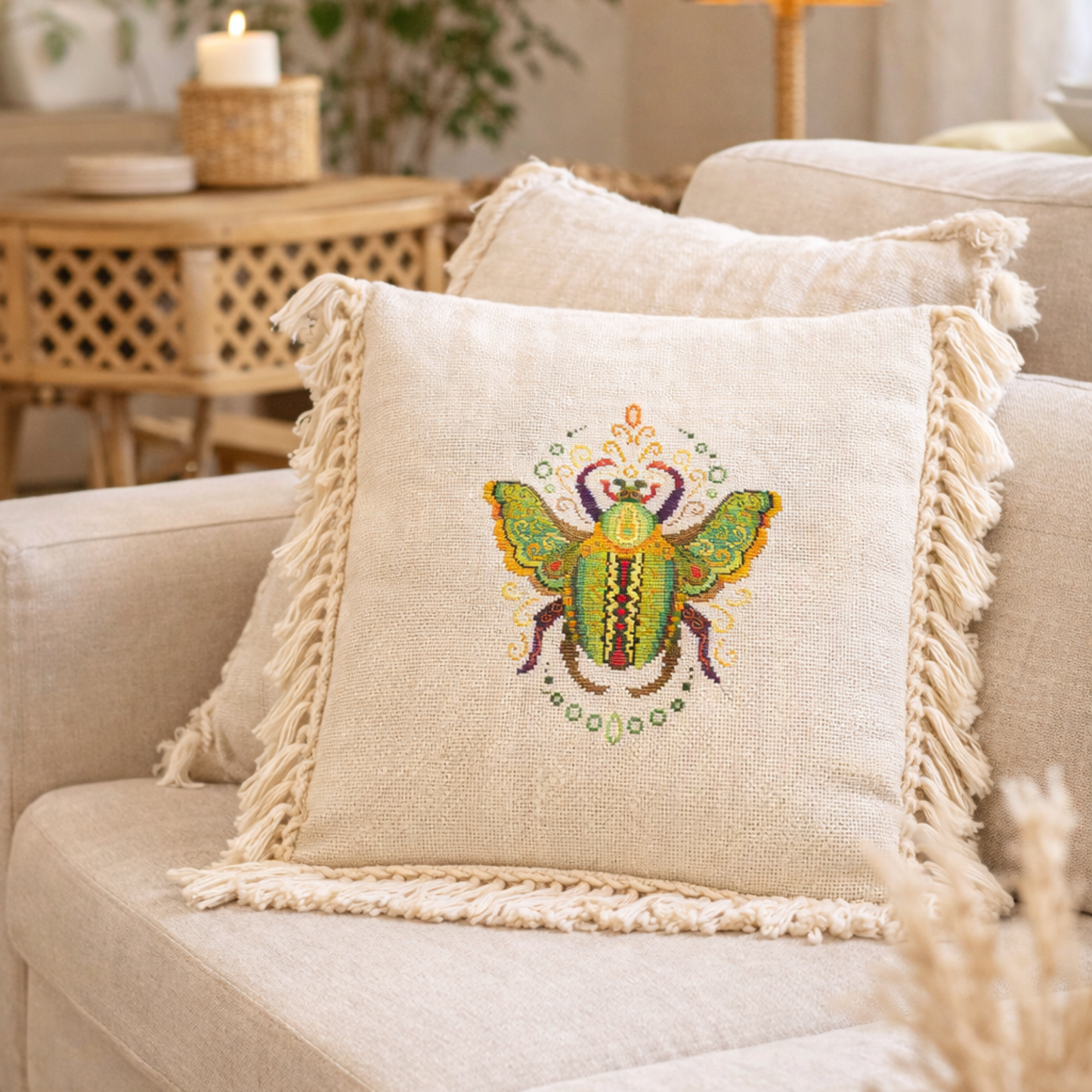 A pillow with a colorful beetle cross stitch design on a beige sofa.