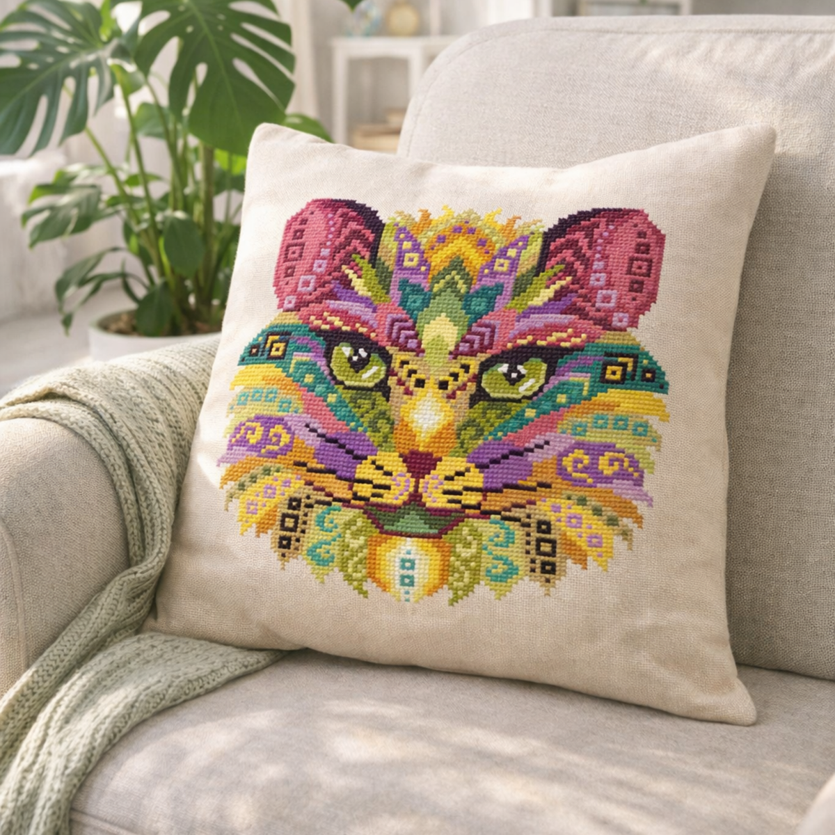 Colorful folk cat cross stitch embroidery displayed on decorative pillow, home decor embroidery project made using counted cross stitch kit.