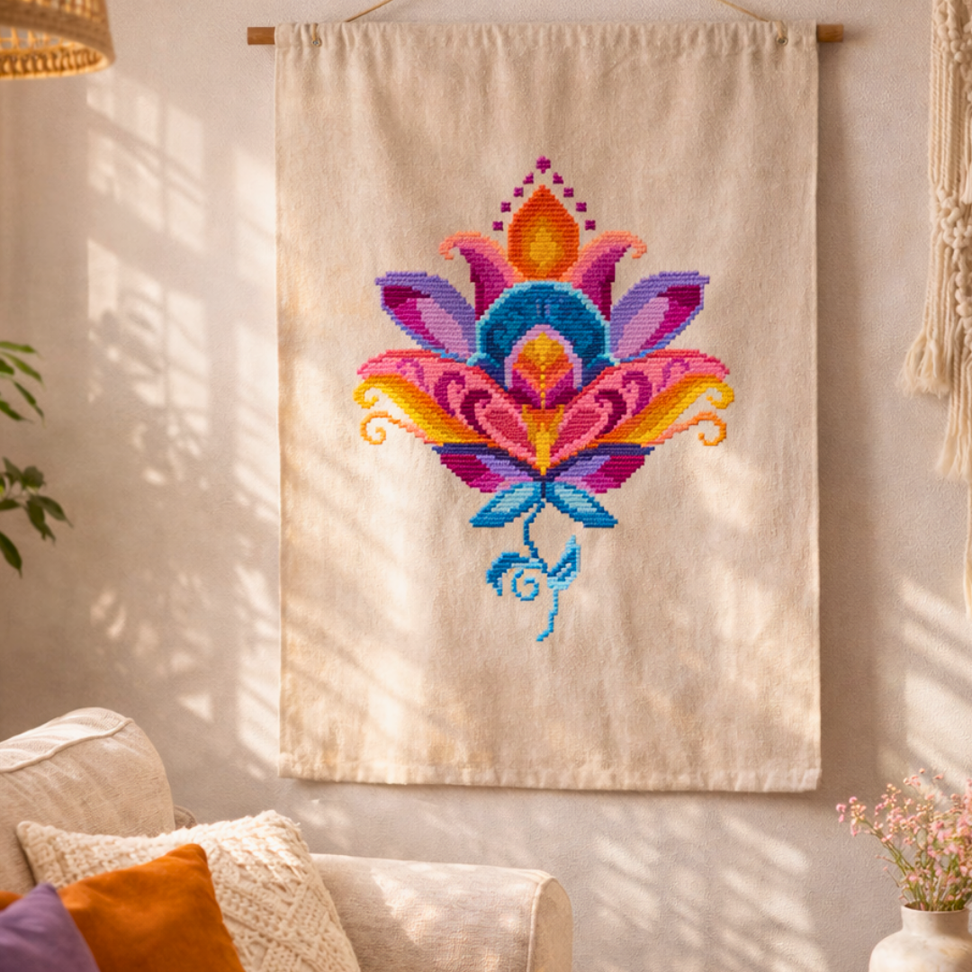 Colorful folk lotus cross stitch artwork displayed as a textile wall hanging in a bright, modern living room interior.