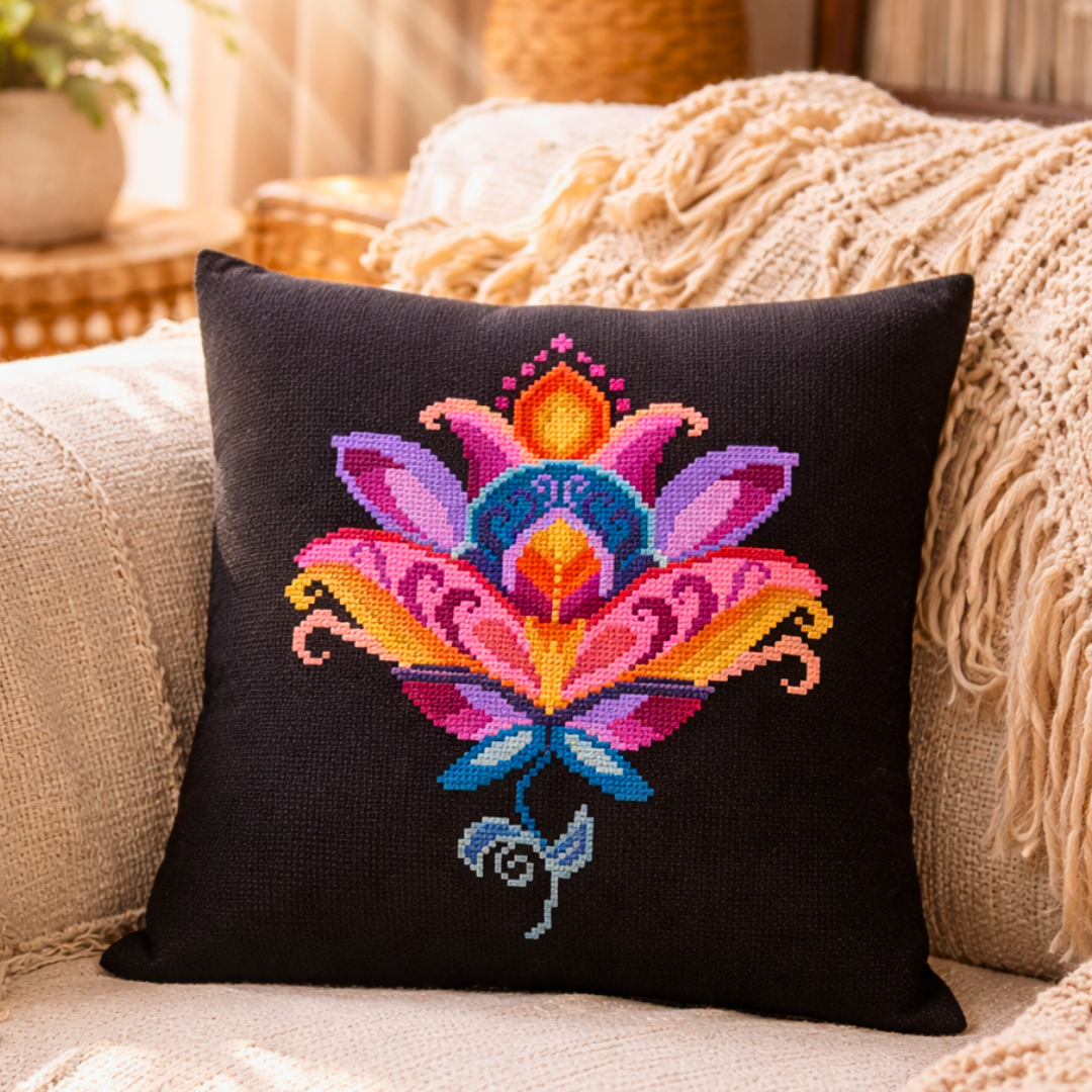Colorful folk lotus cross stitch design embroidered on a black decorative pillow, styled on a cozy sofa with warm home decor.