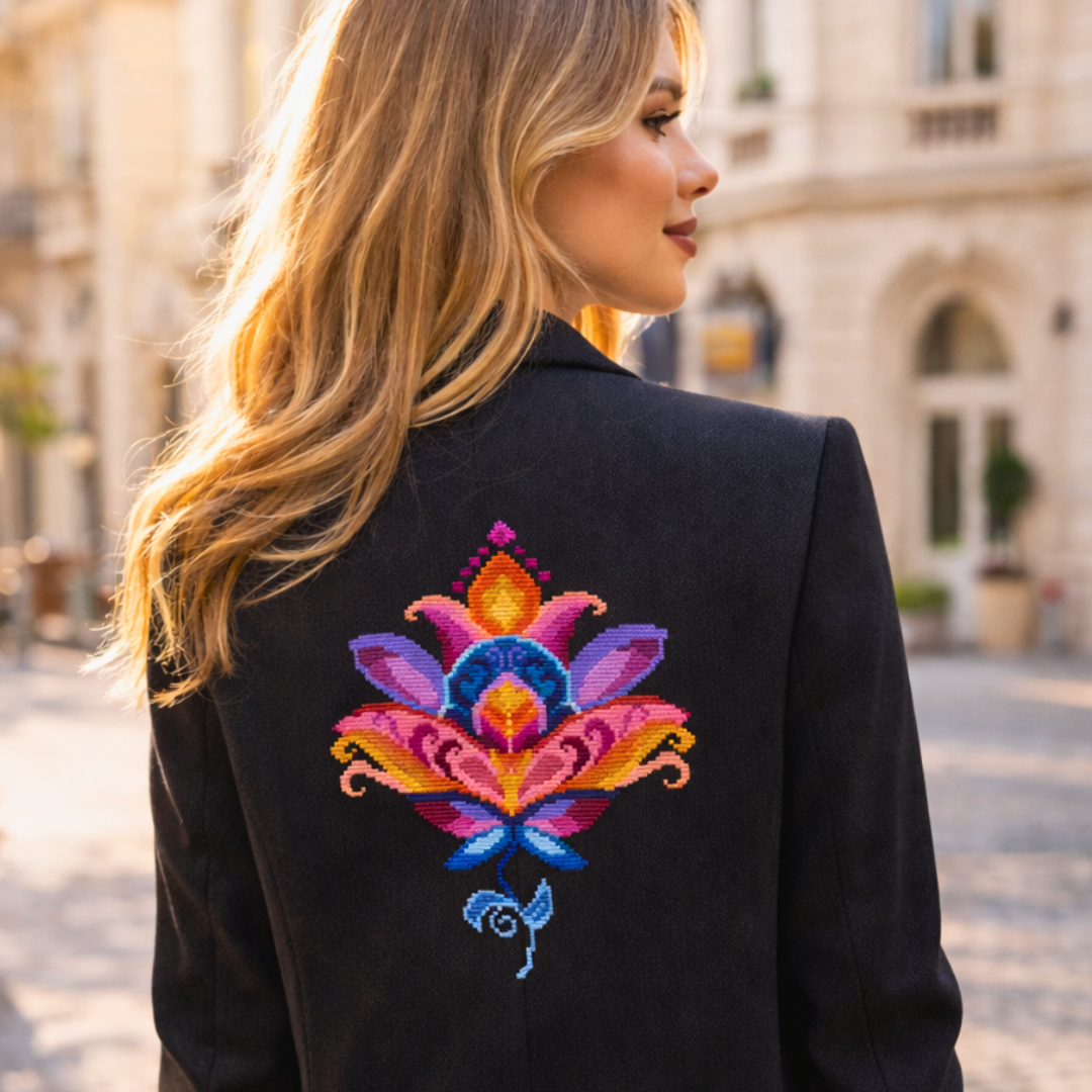 Colorful folk lotus cross stitch embroidery on the back of a black blazer, styled as wearable art in an urban street scene