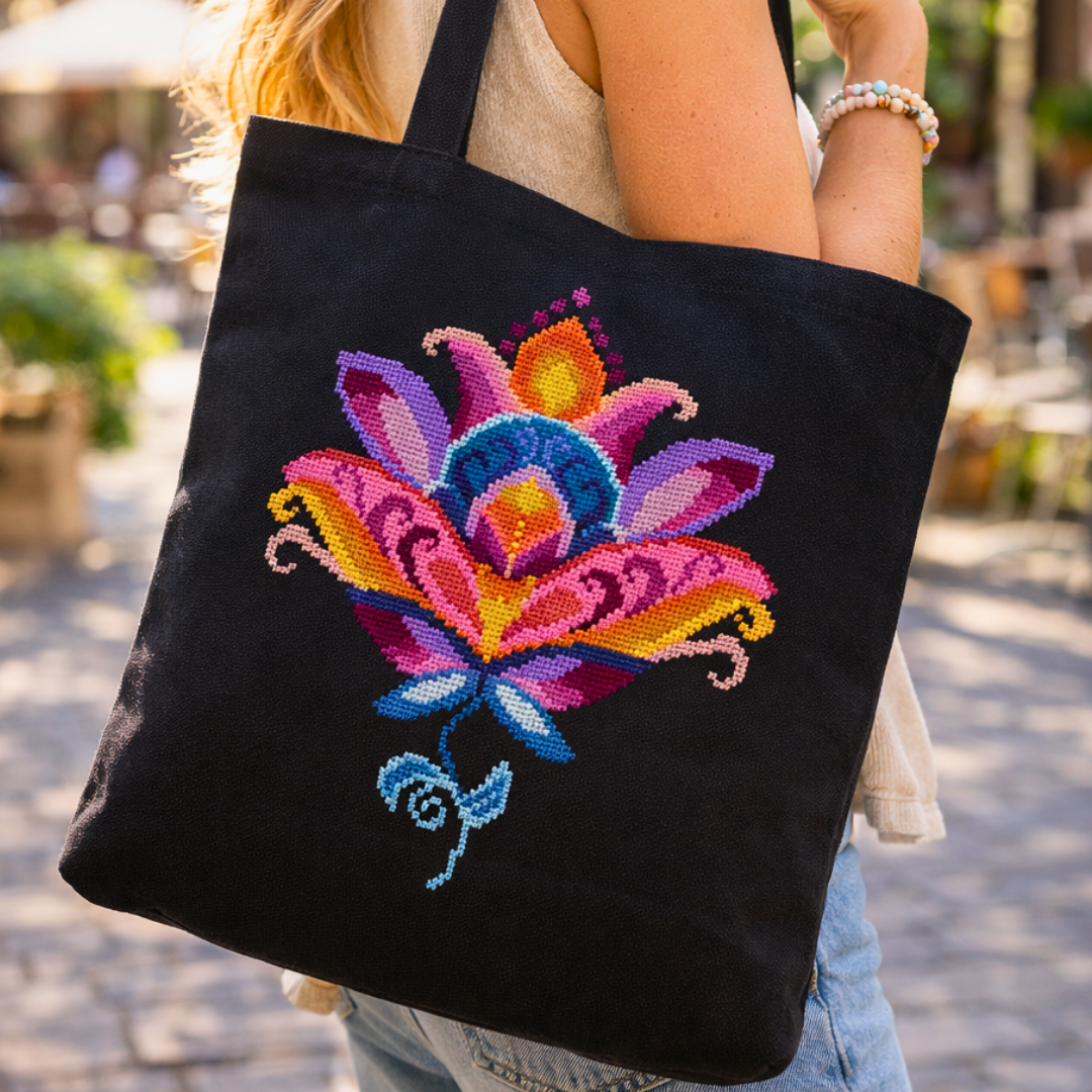 Colorful folk lotus cross stitch embroidery stitched on a black fabric tote bag, worn outdoors in a sunny city setting.