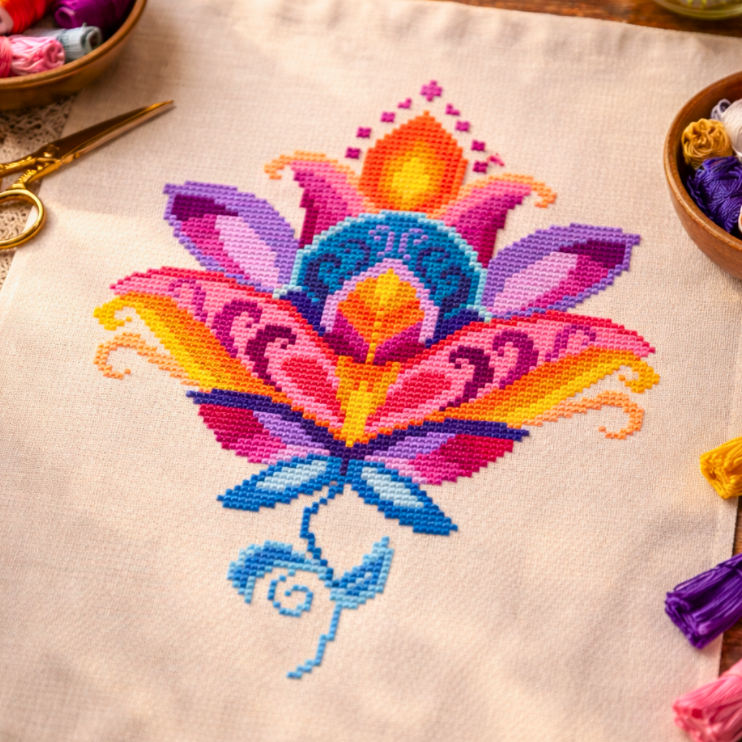 Colorful folk lotus cross stitch pattern stitched on neutral fabric, surrounded by embroidery floss, scissors, and crafting tools.