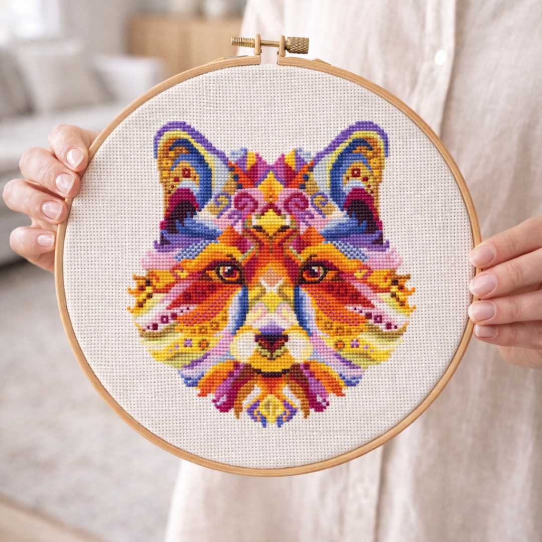Colorful fox cross stitch artwork held in a wooden embroidery hoop, modern geometric animal embroidery design