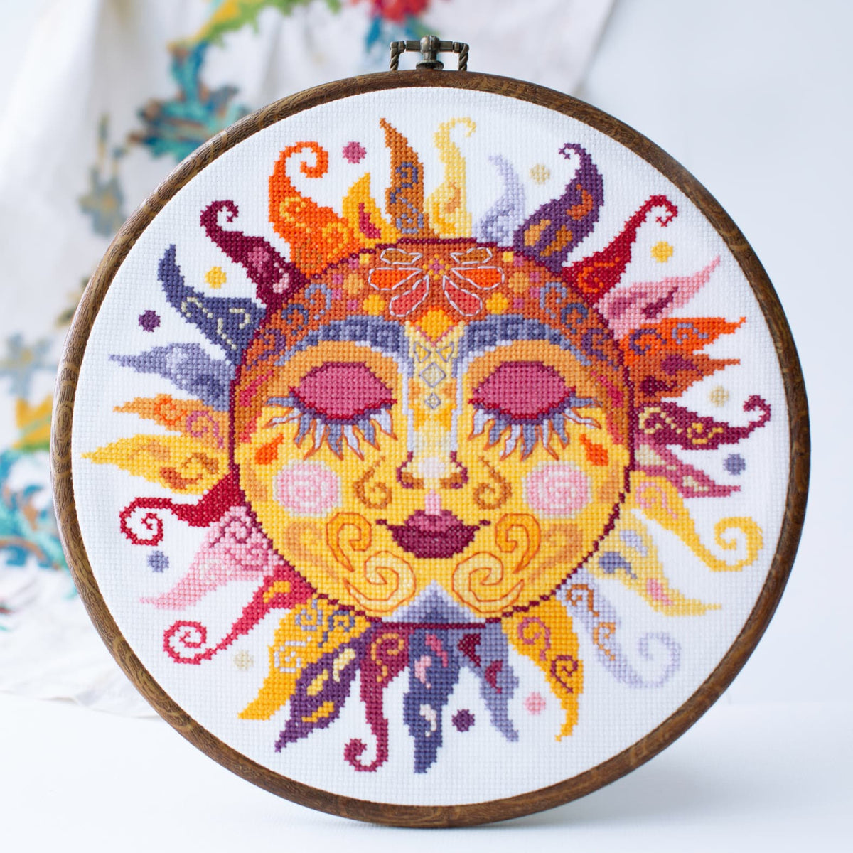 Colorful sun Cross stitch pattern in a hoop