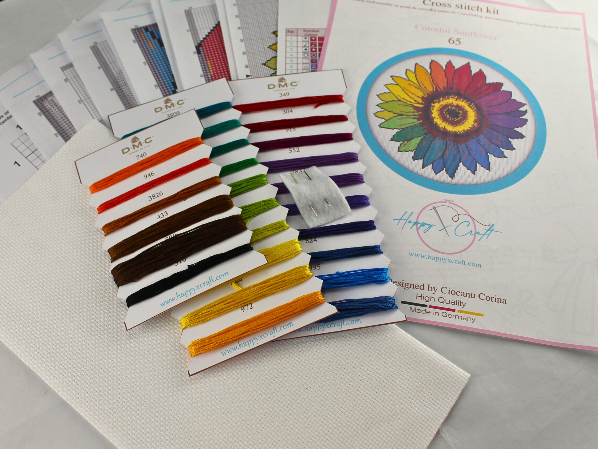 Colorful sunflower cross stitch kit with DMC threads and Aida fabric