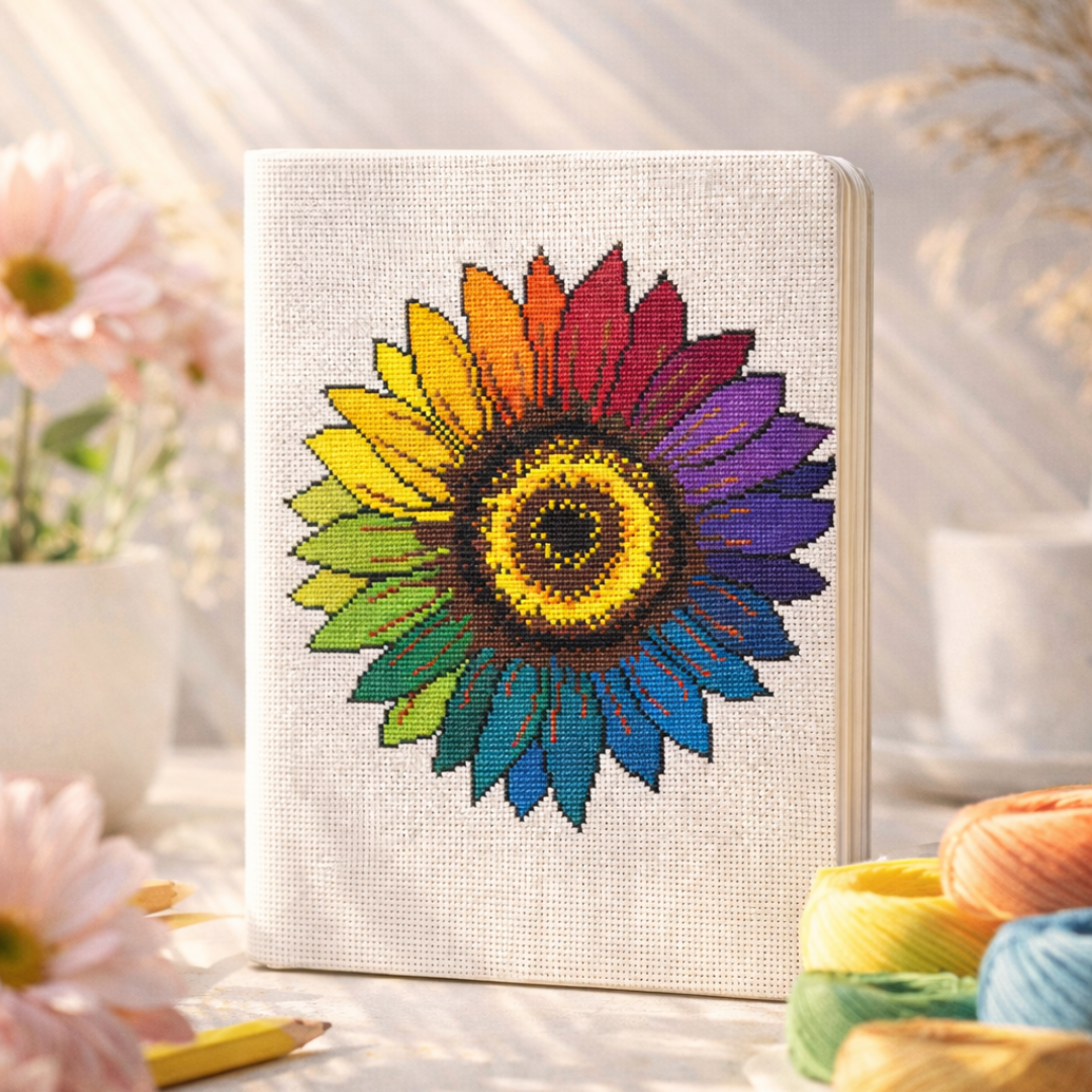 Colorful sunflower cross stitch pattern stitched on a fabric notebook cover, rainbow petals embroidery design