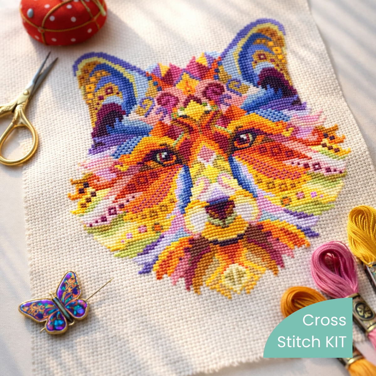 Colorful swirl fox counted cross stitch kit with embroidery threads, needle and vibrant fox design ready for stitching.
