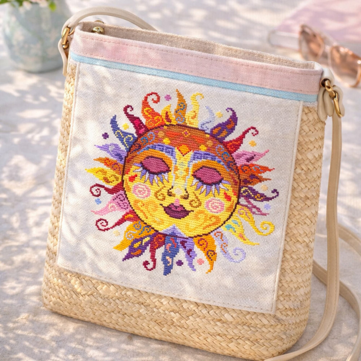 Colorful swirl sun counted cross stitch kit embroidered on straw handbag with colorful folk embroidery accessory design.