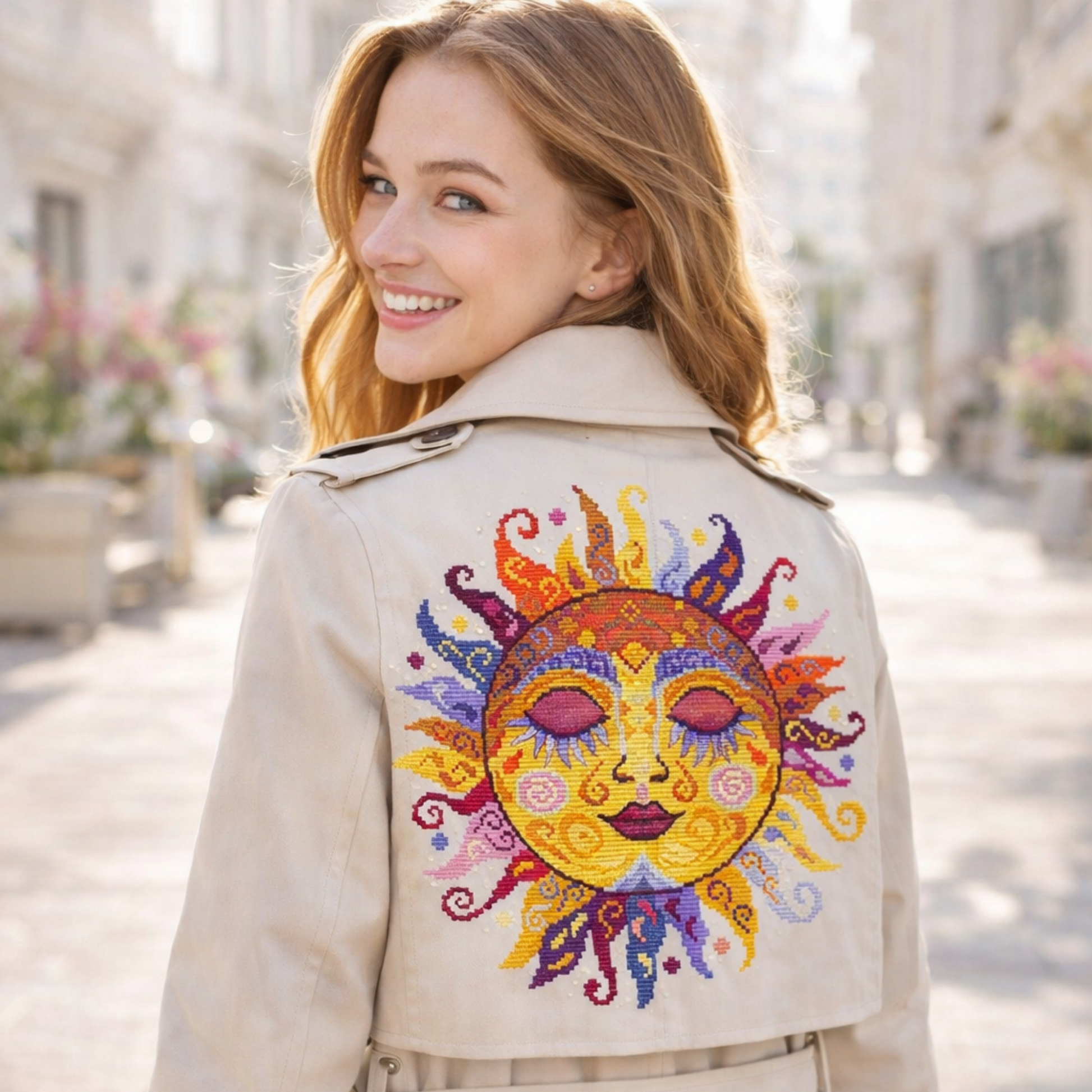 Colorful swirl sun cross stitch pattern embroidered on jacket back, vibrant folk sun embroidery fashion design