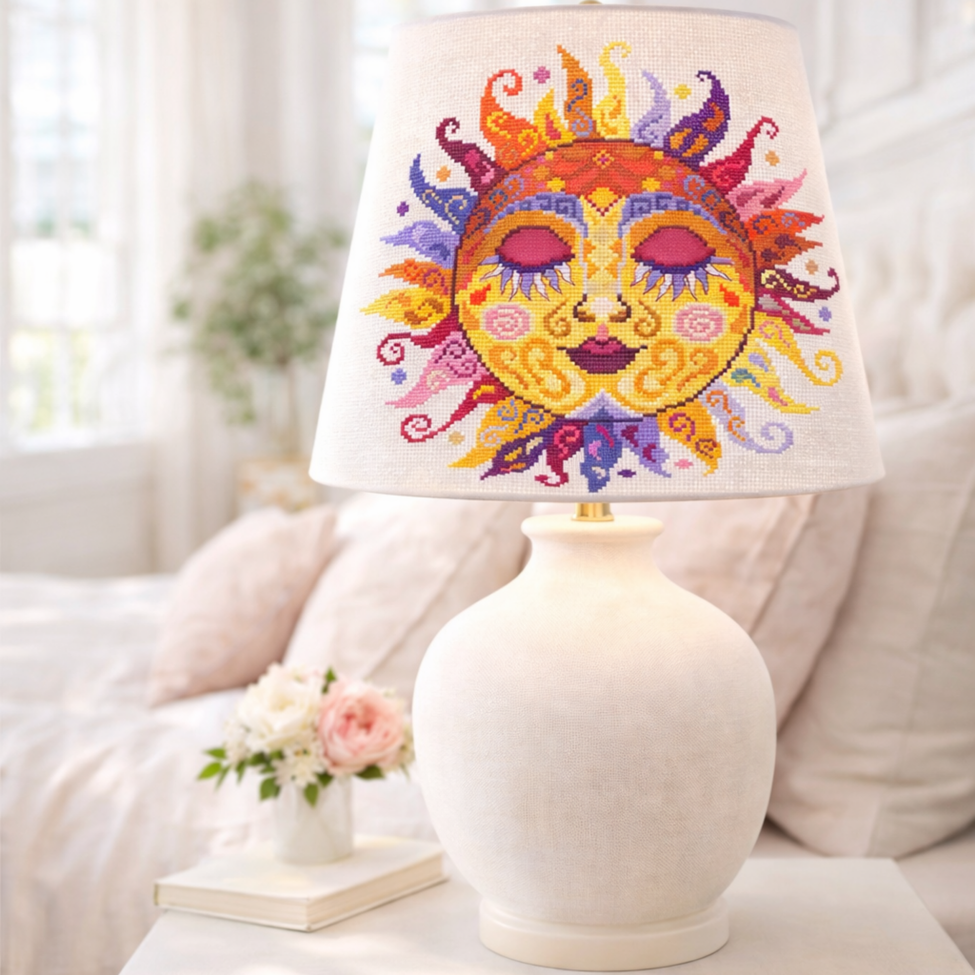 Colorful swirl sun cross stitch pattern featured on decorative lamp shade, artistic folk embroidery home decor design