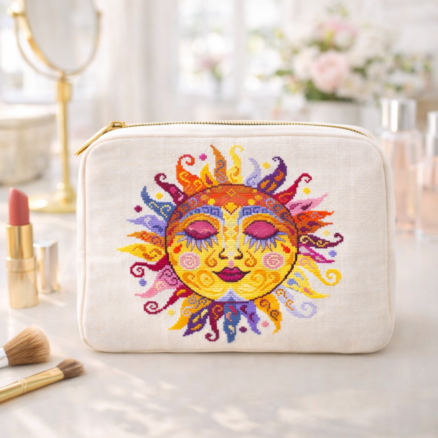 Colorful swirl sun cross stitch pattern stitched on cosmetic pouch, vibrant folk embroidery travel makeup bag design
