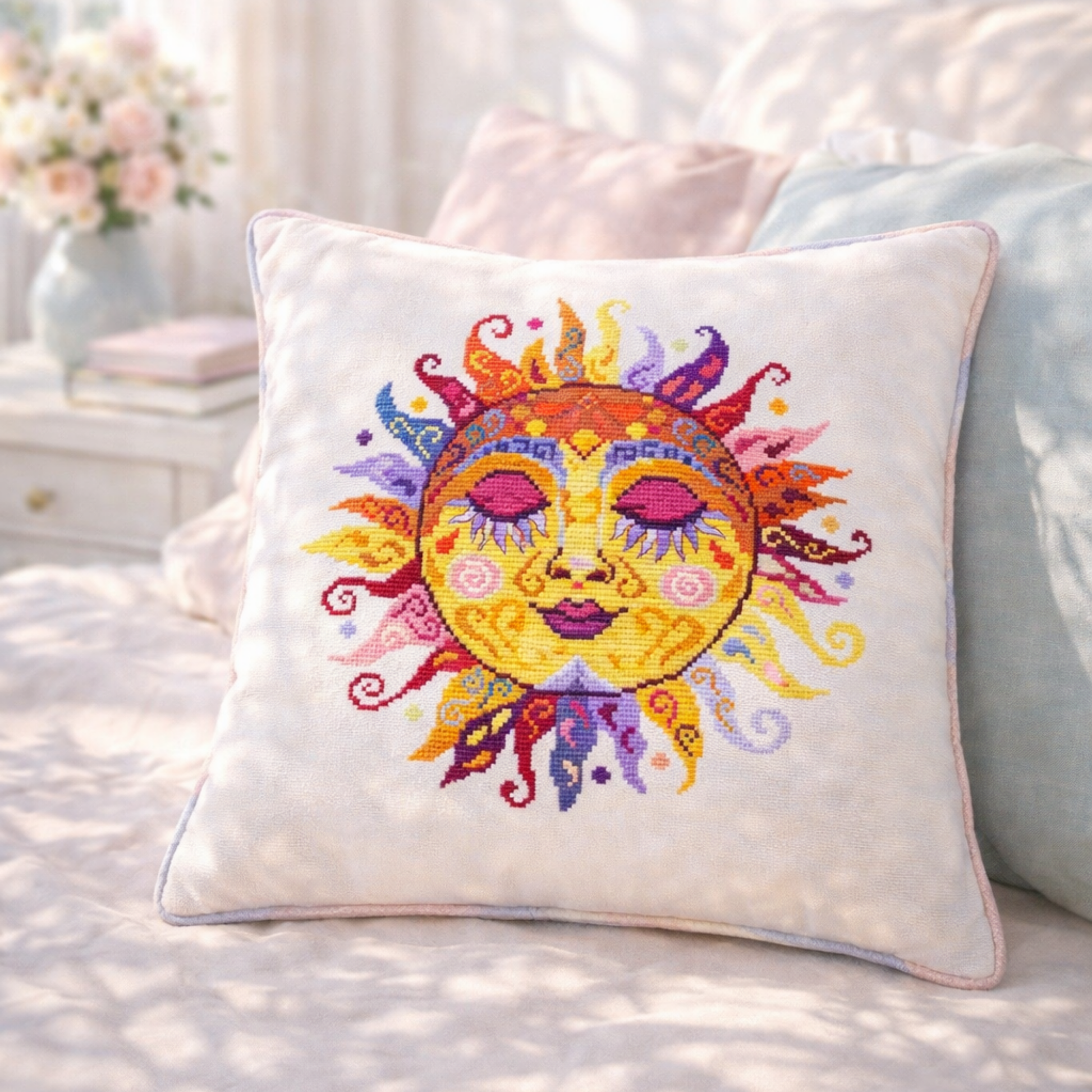 Colorful swirl sun cross stitch pattern stitched on decorative pillow, vibrant folk style embroidery design for home decor