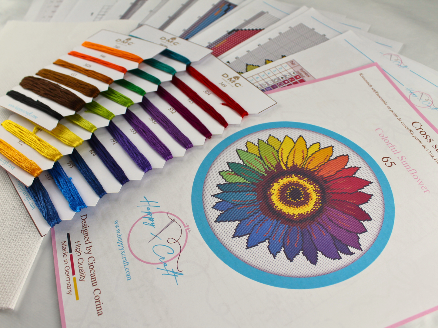 Complete sunflower cross stitch kit with threads fabric and needles