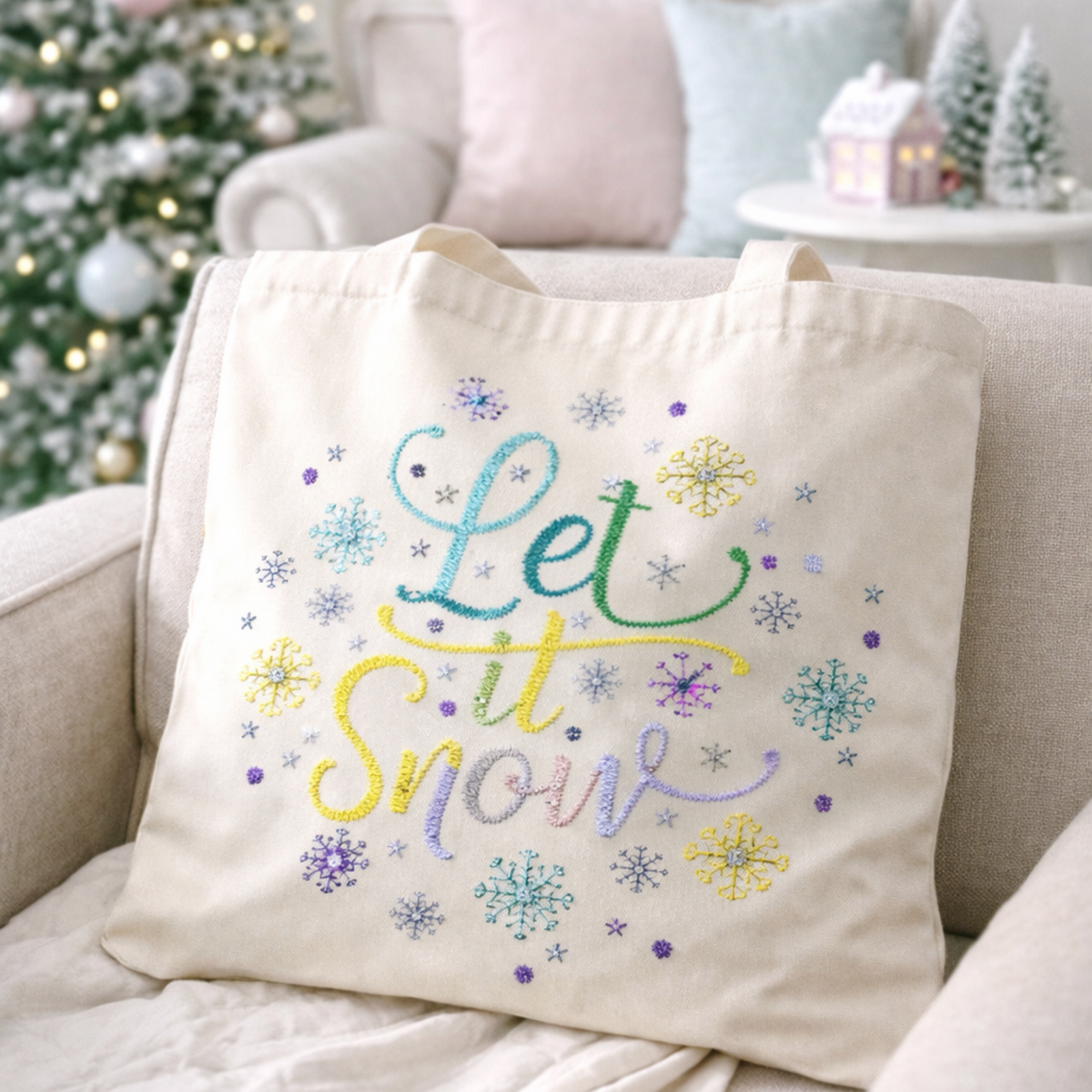 Counted Cross Stitch Kit Let It Snow – Winter Snowflake Typography Embroidery Kit stitched on canvas tote bag