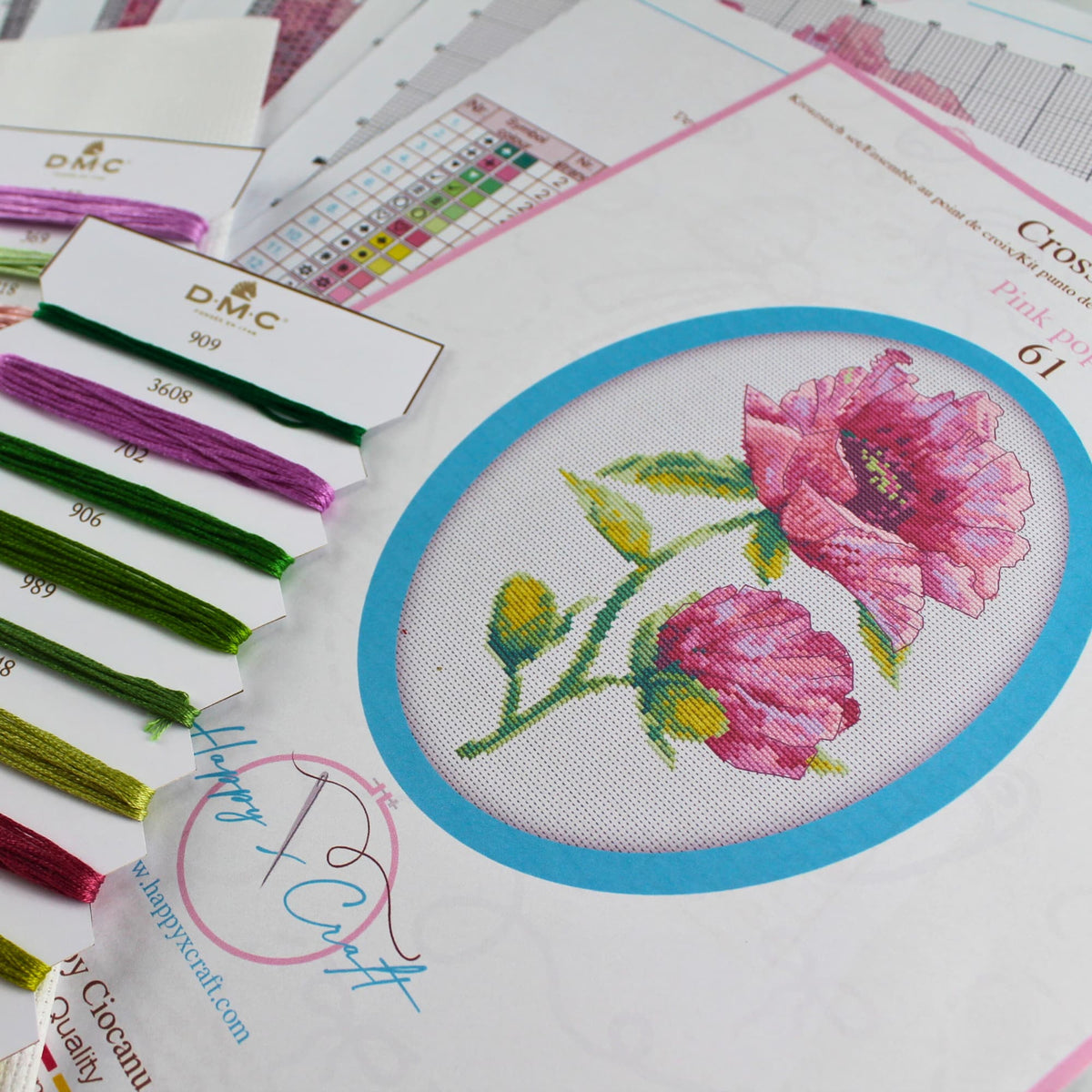 Counted Cross Stitch Kit Pink Poppies – Floral Embroidery Kit, Botanical Needlework, Romantic Flower Design pattern chart and colorful embroidery floss