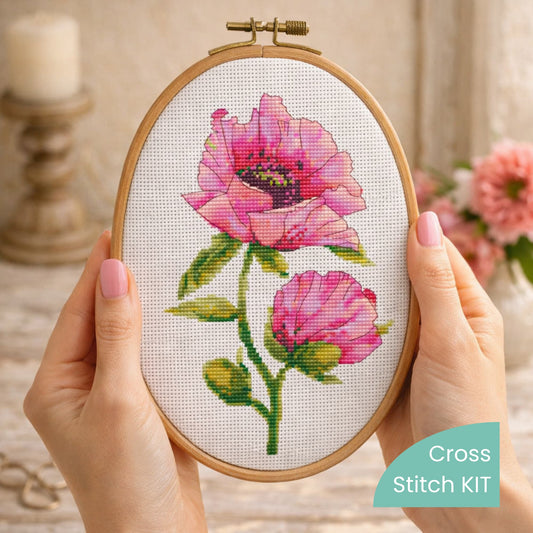 Counted Cross Stitch Kit Pink Poppies – Floral Embroidery Kit, Botanical Needlework, Romantic Flower Design stitched in wooden embroidery hoop held in hands