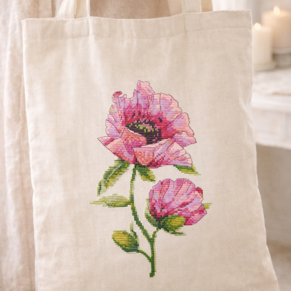 Counted Cross Stitch Kit Pink Poppies – Floral Embroidery Kit, Botanical Needlework, Romantic Flower Design stitched on natural linen tote bag