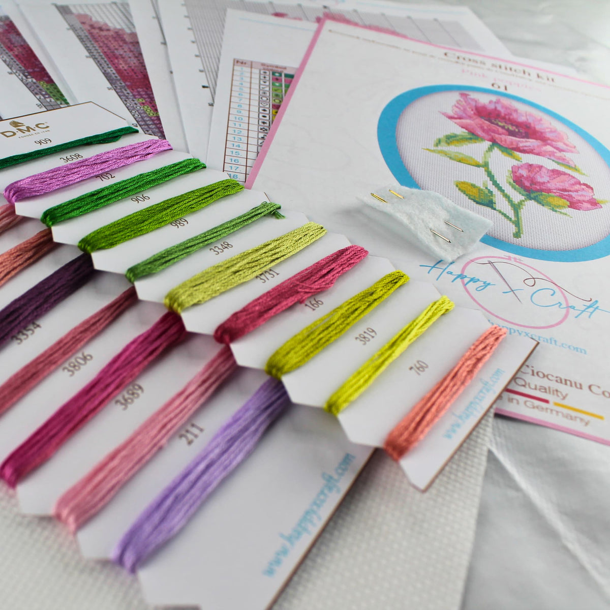 Counted Cross Stitch Kit Pink Poppies – Floral Embroidery Kit, Botanical Needlework, Romantic Flower Design with DMC threads, needle and pattern chart