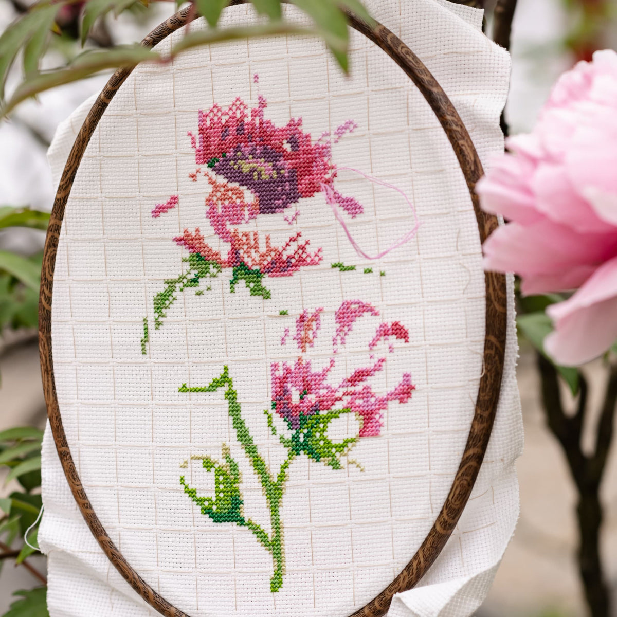 Counted Cross Stitch Kit Pink Poppies – Floral Embroidery Kit, Botanical Needlework, Romantic Flower Design work in progress on gridded Aida fabric
