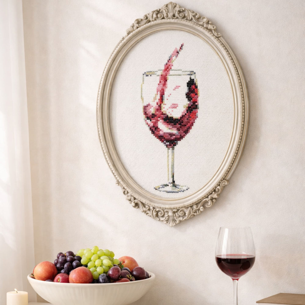 Counted Cross Stitch Kit Wine Glass – Elegant Wine Embroidery Kit, Vineyard Needlework Design displayed as framed embroidery wall decor