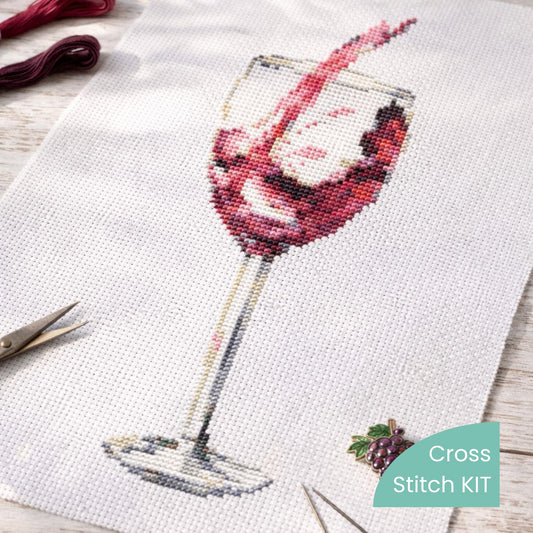 Counted Cross Stitch Kit Wine Glass – Elegant Wine Embroidery Kit, Vineyard Needlework Design stitched on Aida fabric with red wine glass motif
