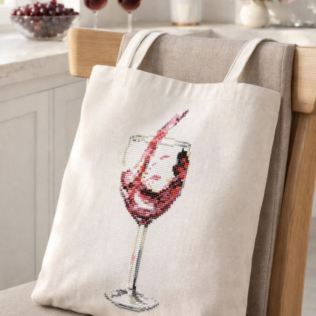 Counted Cross Stitch Kit Wine Glass – Elegant Wine Embroidery Kit, Vineyard Needlework Design stitched on canvas tote bag