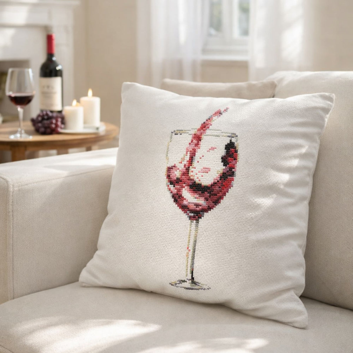 Counted Cross Stitch Kit Wine Glass – Elegant Wine Embroidery Kit, Vineyard Needlework Design stitched on decorative linen pillow