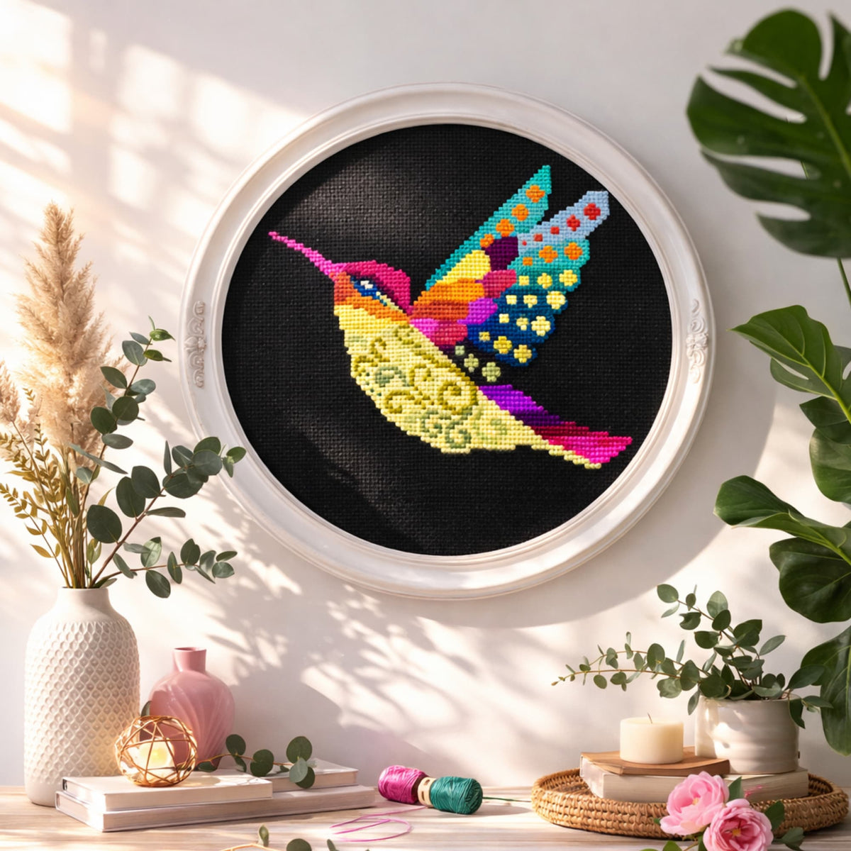 Cross-stitched hummingbird on black fabric in a white frame, surrounded by decorative plants and items.