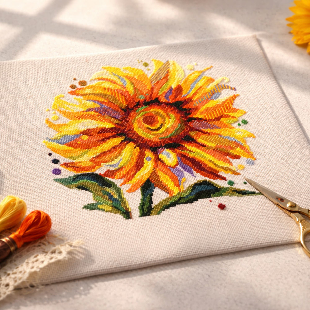 Cross-stitched sunflower on fabric with embroidery tools