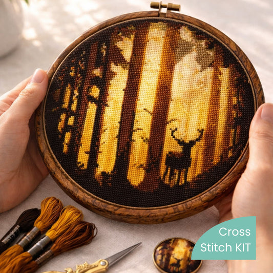 Cross Stitch Kit Deer in Forest Landscape held in embroidery hoop, woodland counted cross stitch kit featuring golden forest silhouette and stag, rustic heritage embroidery set with warm autumn tones.
