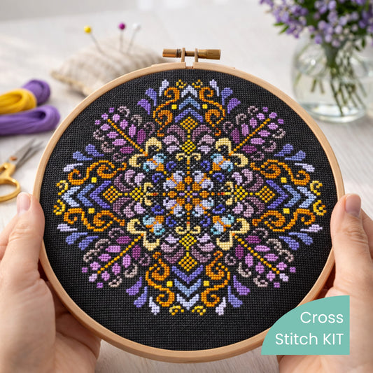 Cross Stitch Kit Purple Folk Ornament – premium Moldovan heritage embroidery kit featuring symbolic folk mandala, finished hoop example showing rich ornamental detail and luxury handcrafted cross stitch design.
