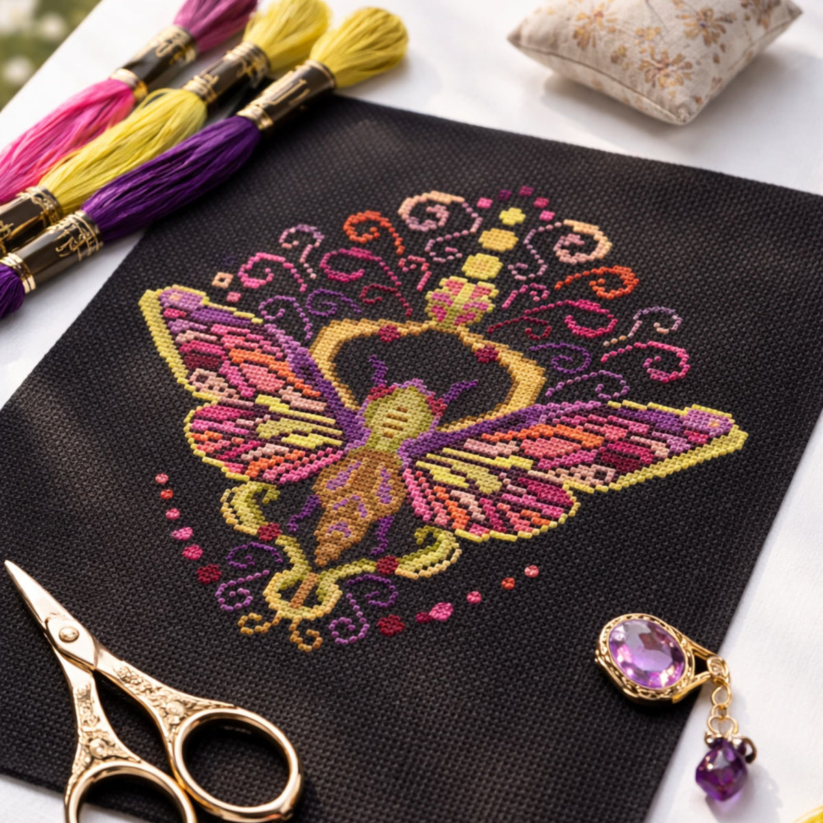 Cross Stitch Pattern Colorful Purple Moth PDF – Folk Ornament Moth Embroidery Design stitched on black Aida fabric with colorful threads