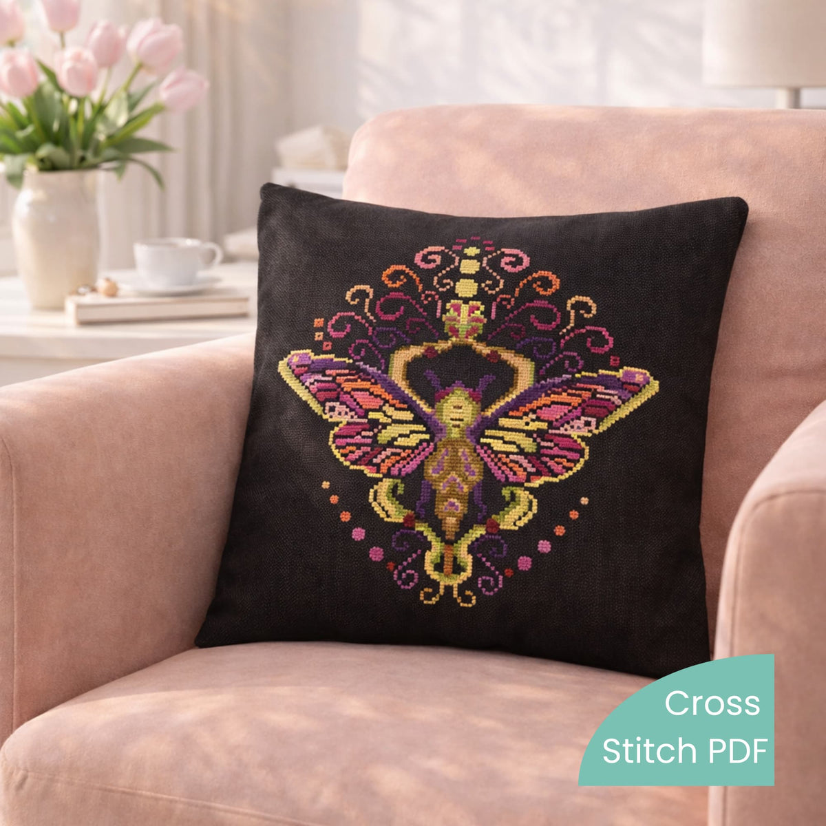 Cross Stitch Pattern Colorful Purple Moth PDF – Folk Ornament Moth Embroidery Design stitched on decorative black pillow
