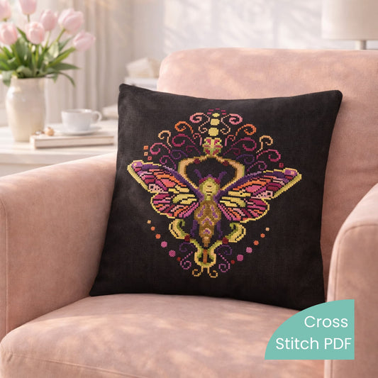 Cross Stitch Pattern Colorful Purple Moth PDF – Folk Ornament Moth Embroidery Design stitched on decorative black pillow