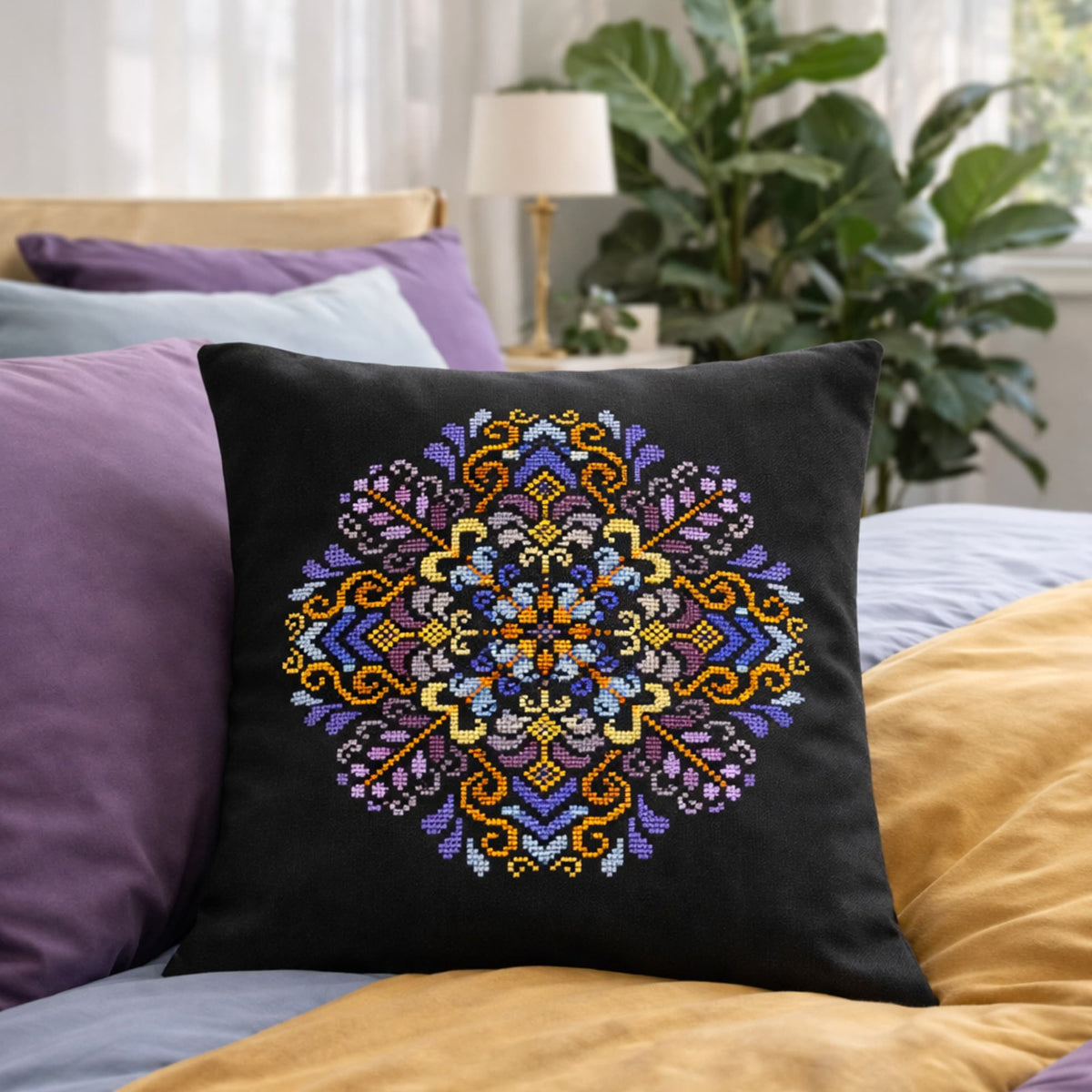 Cross Stitch Pattern Purple Folk Ornament PDF – decorative folk mandala embroidery inspired by Moldovan cultural heritage, luxury geometric ornament stitched on black pillow, premium cross stitch home decor example.